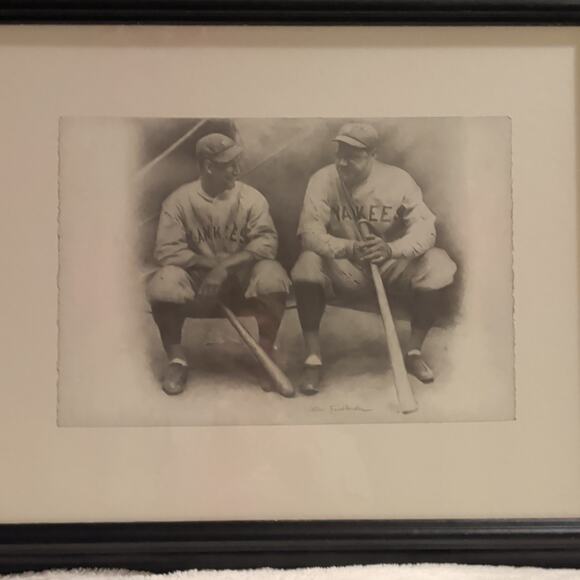 Other - Baseball Print Framed Matted Babe Ruth Lou Gehrig Allen Friedlander Artist 19x23